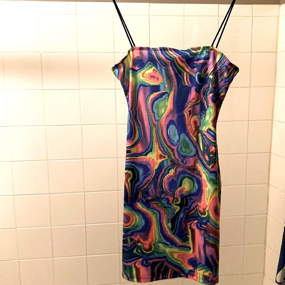 Woman’s rainbow psychedelic patterned bodycon dress, size medium